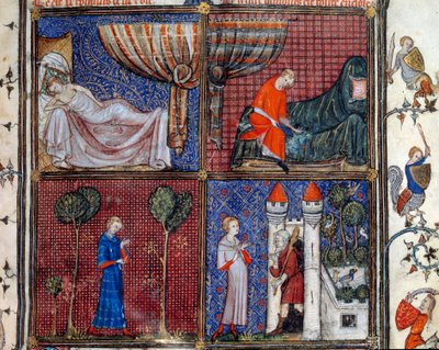 Der Traum: Der schlafende Liebhaber, der sich anzieht, sein Hemd näht und vor dem Haus der Lust steht. Miniatur in „Roman de la rose“ von Jean de Meun, Jean de Meung oder Jean Chopinel, Jean Clopinel (ca. 1240-1305), um 1370. Chantilly, Musée Condé von French School