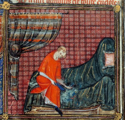 Der Traum, Detail: Der Liebhaber kleidet sich an. Miniatur im „Roman de la rose“ von Jean de Meun, Jean de Meung oder Jean Chopinel, Jean Clopinel (ca. 1240-1305), um 1370. von French School