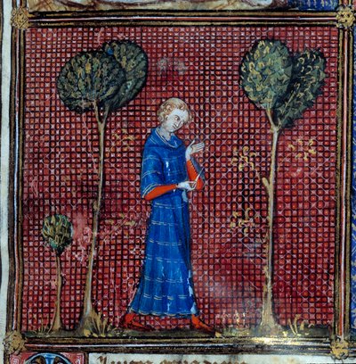 Der Traum, Detail: Der Liebhaber näht den Ärmel seines Hemdes. Miniatur in „Roman de la rose“ von Jean de Meun, Jean de Meung oder Jean Chopinel, Jean Clopinel (ca. 1240-1305), um 1370. Chantilly, Musée Condé von French School