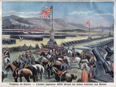 Das Ende des japanisch-russischen Konflikts, Japans siegreiche Armee sitzt vor der Übernahme der russischen Waffen, in „Le Petit Parisien“, am 24.06.1906 von French School