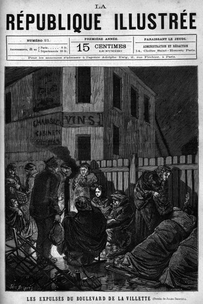 Die Räumungen am Boulevard de la Villette: Arbeiter, die aus einer Pariser Stadt vertrieben wurden, müssen auf der Straße schlafen (S.D.F.). Eine Zeitung. Gravur von 1880 in „La république illustrée“, private Sammlung. von French School