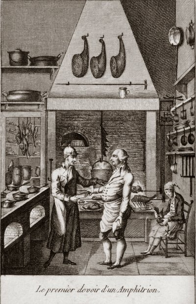 Die erste Pflicht eines Amphitryons - Gravur in "Almanach der Feinschmecker, als Leitfaden für die Art und Weise, ausgezeichnete Speisen zuzubereiten. Von einem alten Amateur" von Alexandre Balthazar Laurent Grimod de la Reyniere - 1804-1812 von French School