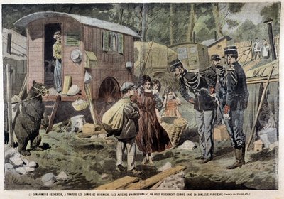 Die Gendarmerie sucht in den Zigeunerlager nach den Tätern der jüngsten Angriffe und Raubüberfälle in der Pariser Vorstadt - in „Pelerin“ vom 21.04.1907 von French School