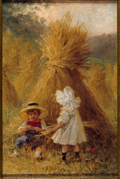 Der Heuhaufen Zwei Kinder auf dem Feld von French School