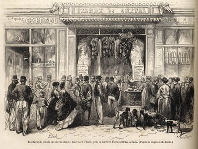 Der Pferdemetzgerladen an der Barriere de Fontainebleau (Paris) eröffnet 1866 - Boucherie chevaline - Boucherie Meat de Cheval Boulevard Italie nahe der Barriere de Fontainebleau 1866) Gravur in „Le monde illustrious“ von 1866 von French School