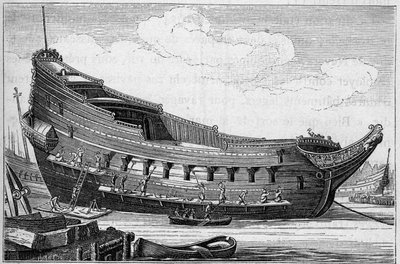 Der Rumpf eines großen Schiffes im 17. Jahrhundert. Gravur in 