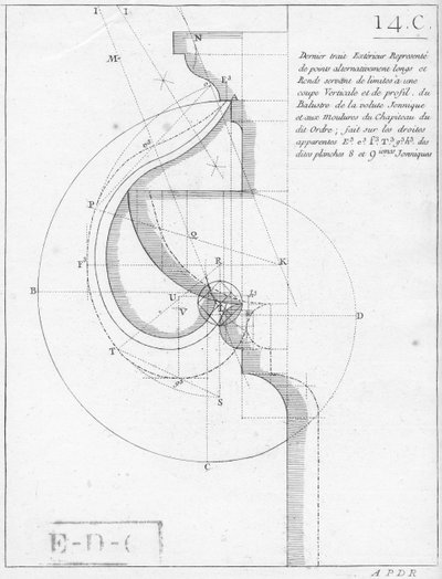 Das ionische Kapitell, Illustration aus einem Buch über Geometrie, veröffentlicht Avec Privilege du Roy et E.. du Gouvernement von French School