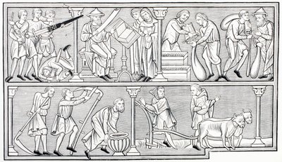 Die Arbeiten des Krieges, der Wissenschaft, des Handels und der Landwirtschaft, nach einer Miniatur in einem Psalter aus dem 13. Jahrhundert, aus Les Arts au Moyen Age, veröffentlicht 1873 von French School