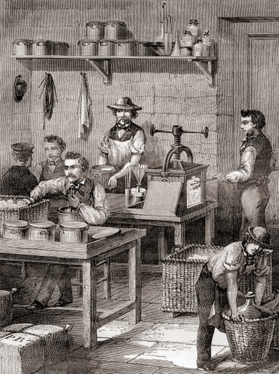 Die Herstellung von Schießbaumwolle im 19. Jahrhundert, aus Les Merveilles de la Science, veröffentlicht um 1870 (Stich) von French School
