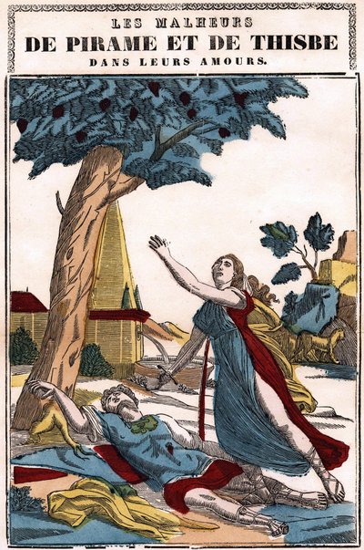 Die Unglücke von Pyramus und Thisbe in ihrer Liebe, erzählt von Ovid in „Die Metamorphosen“. Epinal-Bild von French School
