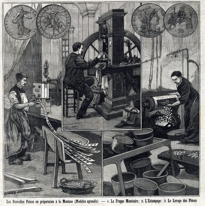 Die neuen französischen Münzen in Vorbereitung haben die Münzen und die Herstellungsstufen (Münzprägung, Stempeln und Waschen der Münzen). In „Le Petit Parisien“ von French School