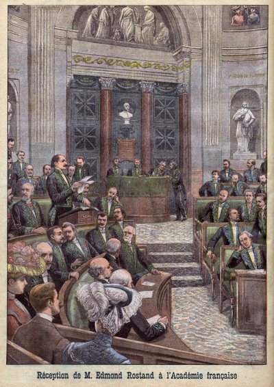 Der Dichter und Dramatiker Edmond Rostand wird in die Académie Française aufgenommen für „Le Petit Journal“ von French School
