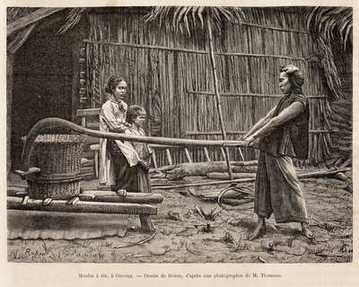 Die Reismühle vor dem Haus eines Bauern in Gocong, Gravur nach einer Zeichnung von Robin, die die Reise nach Cochinchina, von Doktor Morice, im Jahr 1872 illustriert, veröffentlicht in „Le tour du monde“ 1875, herausgegeben von Edouard Charton, Hachette Ed von French School