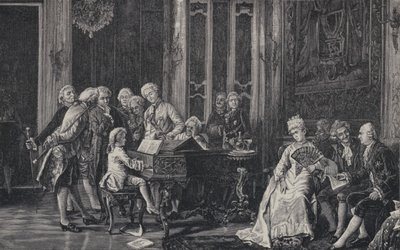 Der siebenjährige Wolfgang Amadeus Mozart spielt vor König George III. in London, 1764 von French School