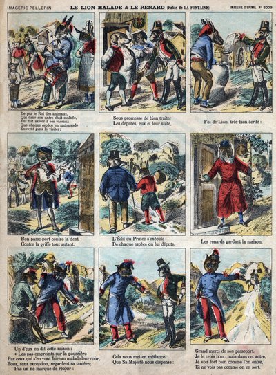 Der kranke Löwe und der Fuchs. Fabeln von Jean de La Fontaine (1621-95). Epinal-Bildgebung Ende des 19. Jahrhunderts. von French School