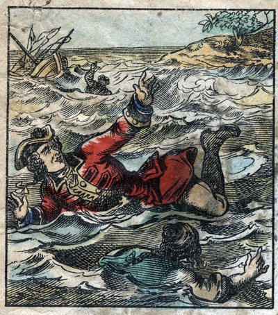 Das Sinken von Lemuel Gulliver. Illustration für „Gullivers Reisen“ von Jonathan Swift (1667-1745). Epinal Imaging Ende des 19. Jahrhunderts. von French School