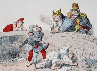 Die Situation - Gauillaume: Wir müssen Verrückten helfen, Badingue (Napoleon III): Lass sie machen, mein Bruder, es wird Zeit einzugreifen, wenn sie (die Pariser) sich selbst aufgefressen haben. Karikatur über die Kommune. von French School