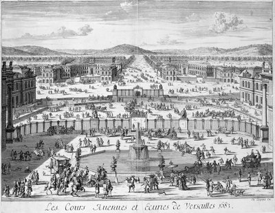 Die Ställe und Tore von Versailles vom Palast aus gesehen, 1683 von French School