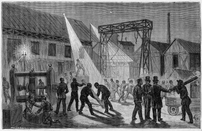 Die Station „Die Kapelle“ beleuchtet durch elektrisches Licht Ende des 19. Jahrhunderts - Gravur in „Wissenschaften für alle zugänglich - populäre Physik und Chemie“ von Alexis Clerc. Ende des 19. Jahrhunderts. Private Sammlung. von French School