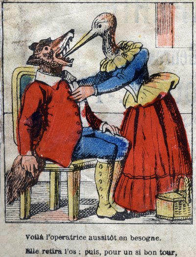 Der Wolf und der Storch. Fabeln von Jean de La Fontaine (1621-95). Epinal-Bild vom Ende des 19. Jahrhunderts von French School
