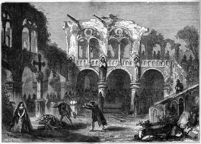 Theateraufführung: „Die Beerdigungen der Ehre“ (Akt VII, letzte Szene) von Auguste Vacquerie (1819-1895). Paris, Théâtre de la Porte Saint Martin von French School