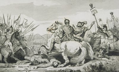 Theoderich wird in der Schlacht gegen Attila getötet, nahe Chalons, aus 