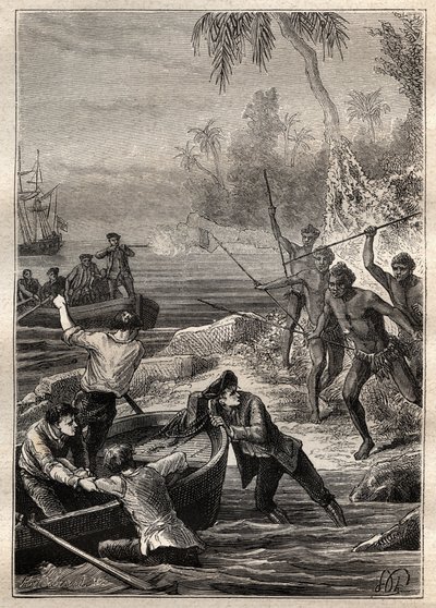 Diese waren so nah...: Kapitän James Cooks Reise (1728-1779) nach Neuseeland im Jahr 1769 - die Eingeborenen von Neuseeland greifen Cooks Mannschaft bei ihrer Annäherung an die Küste an - Illustration aus „Die großen Seefahrer des 18. Jahrhunderts“ von French School