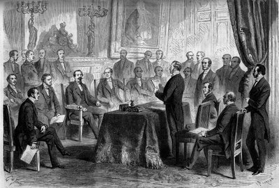 Dritte Republik: Sitzung des Staatsrates in den Tuilerien in Anwesenheit von Napoleon III. (1808-1873) und Baron Eugene Georges Haussmann, Präfekt von Paris (1809-1891). Gravur in "Le Monde Illustré" Nr. 291 vom 8. November 1862 von French School