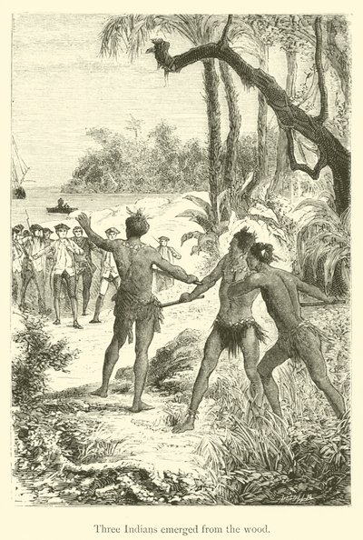 Drei Indianer tauchen aus dem Wald auf (Stich) von French School
