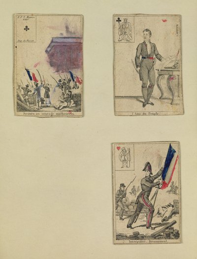 Drei Spielkarten zur Erinnerung an die Helden des Juli 1830, 1831 von French School