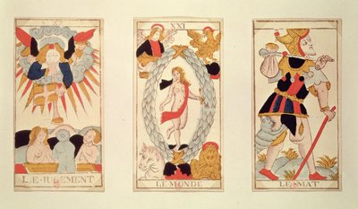 Drei Tarotkarten, die Gericht, Die Welt und Der Narr darstellen (farbiger Holzstich) von French School