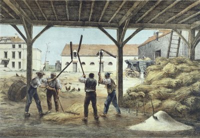 Dreschen von Mais, Illustration aus einem Schulbuch Enseignement par les yeux, 2. Hälfte des 19. Jahrhunderts von French School