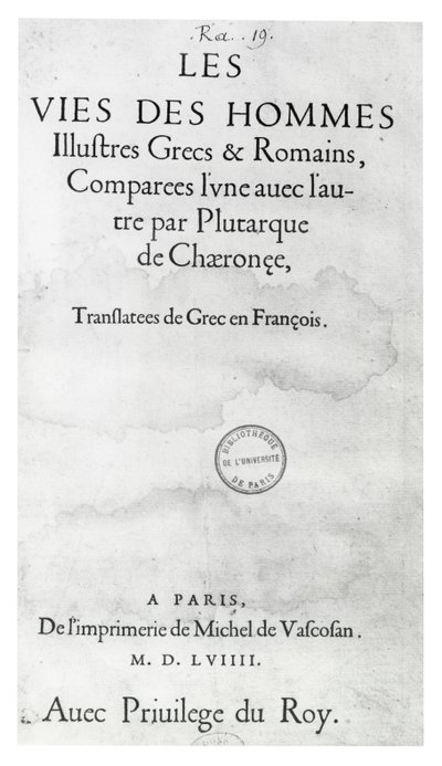 Titelseite von „Das Leben edler Griechen und Römer“ von Plutarch, gedruckt von Michel de Vascosan von French School