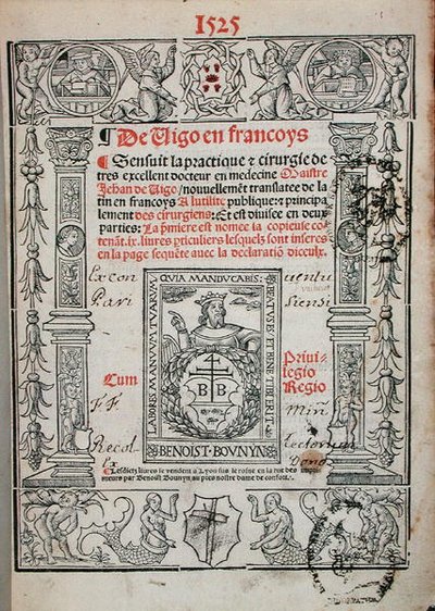 Titelseite eines Buches über Chirurgie von Jean de Vigo, 1525 (Holzschnitt) von French School