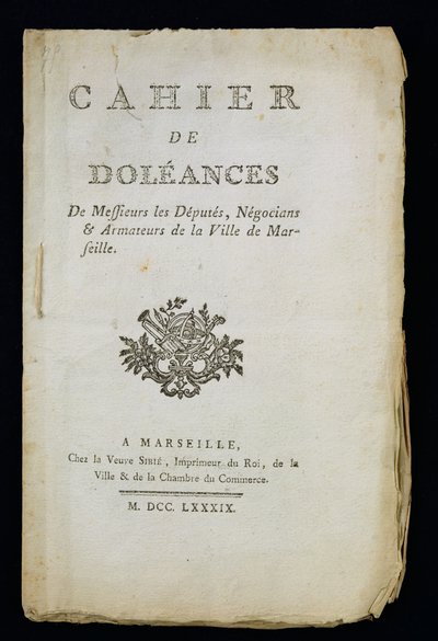 Titelseite des Beschwerdebuchs der Abgeordneten, Kaufleute und Schiffseigner von Marseille, 1789 von French School