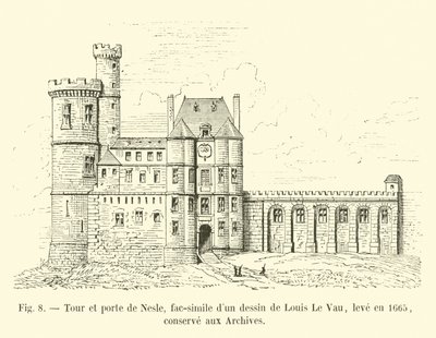 Tour und Porte de Nesle, Faksimile einer Zeichnung von Louis Le Vau, erstellt im Jahr 1665, aufbewahrt in den Archiven von French School