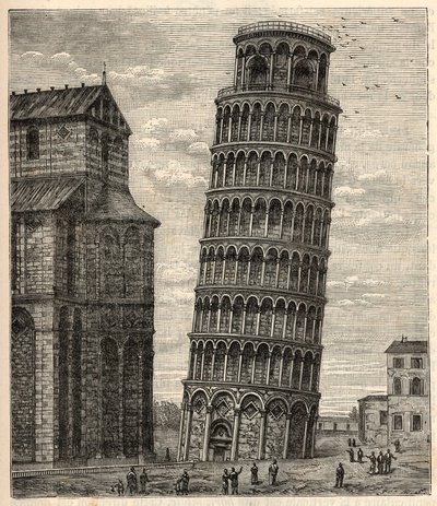 Turm von Pisa - Torre di Pisa - Tour de Pisa - Gravur in „Wissenschaften für alle - Populäre Physik und Chemie“ von Alexis Clerc - Ende 19. Jahrhundert - Private Sammlung von French School