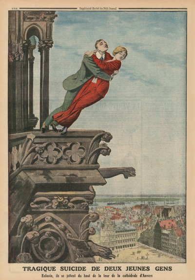 Tragischer Selbstmord zweier junger Leute vom Turm der Kathedrale in Antwerpen, Rückseitige Illustration aus 
