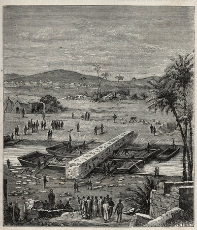 Transport des Obelisken von Ptolemee Philadelph (Ptolemaios Philadelphos) (Ptolemee II) auf dem Nil nach Alexandria - Gravur in „Wissenschaften für alle - Populäre Physik und Chemie“ von Alexis Clerc - Ende 19. Jahrhundert - Private Sammlung von French School