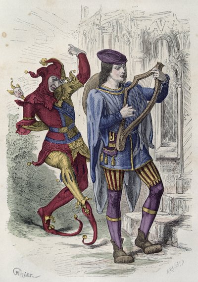 Reisender Musiker und Hofnarr beim Tanzen (Farbstich) von French School
