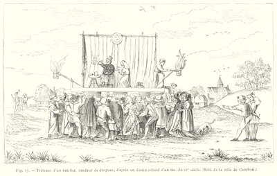 Bühne eines Bootsmanns, Drogenverkäufer, nach einer kolorierten Zeichnung eines Manuskripts aus dem 15. Jahrhundert (Stich) von French School