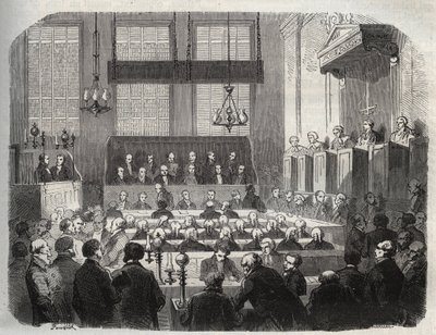Prozess gegen William Palmer am Central Criminal Court im Mai 1856 wegen Vergiftung von John Parsons Cook in Rugeley - Gravur in „Causes celebres de tous peuples“ von Armand Fouquier von French School