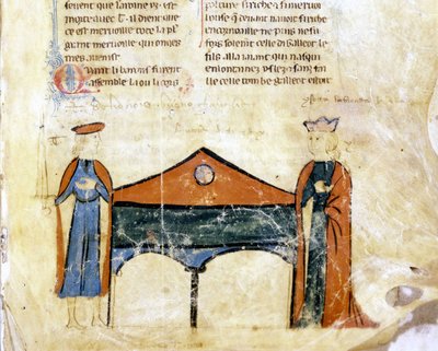 Tristan und Isolde. Miniatur eines französischen Manuskripts aus dem 14. Jahrhundert. Bibl. Marciana, Venedig. von French School