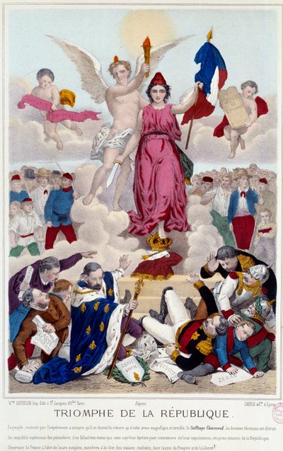 Triumph der Republik, Gravur von 1875. Allegorie über das allgemeine Wahlrecht, das die Feinde der Republik zerstört: „[...] Aber Frankreich ist vor ihrer Verschwörung geschützt, schreitet an der Spitze der zivilisierten Nationen auf dem Weg des Fortschrit von French School