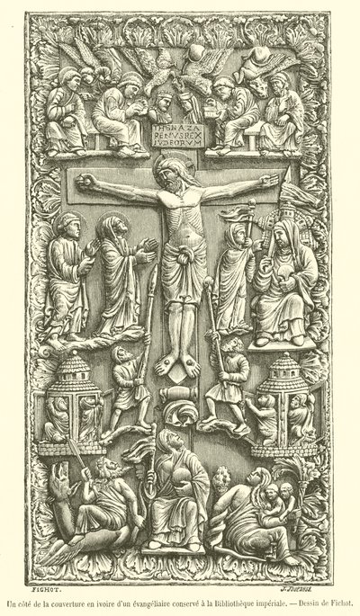 Eine Seite des Elfenbeinumschlags eines Evangeliums in der Kaiserlichen Bibliothek von French School