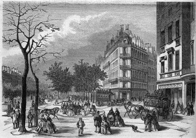 Einer der ersten "Zufluchtsorte" für Fußgänger, die die Boulevards in Paris überqueren, zwischen dem Boulevard des Capucines und dem Boulevard de la Madeleine von French School