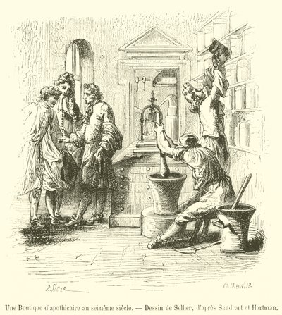 Eine Apothekerwerkstatt im 16. Jahrhundert (Stich) von French School