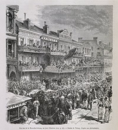 Eine Straße in New Orleans am Wahltag 1875 - in „Le Tour du Monde“, 2. Halbjahr 1876 von French School