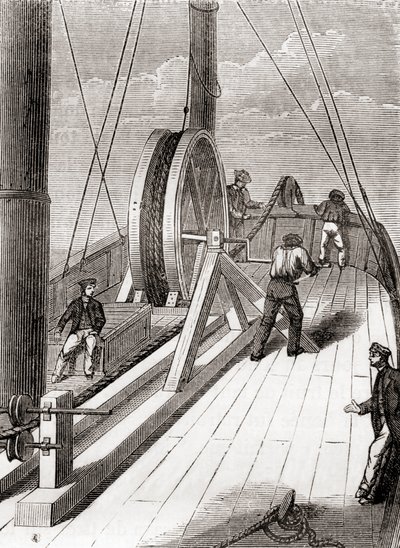 Das Abwickeln des Dover-Calais-Unterseekabels an Bord der Blazer, 25. Dezember 1851, aus Les Merveilles de la Science, veröffentlicht um 1870 (Gravur) von French School