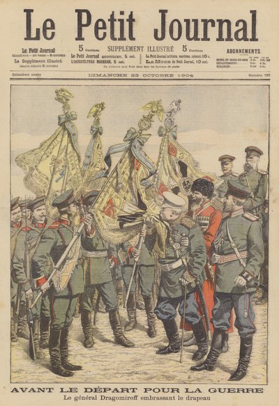 Der Veteranen-General Mikhail Dragomirov küsst die Fahne eines Regiments, das in den Russisch-Japanischen Krieg zieht von French School